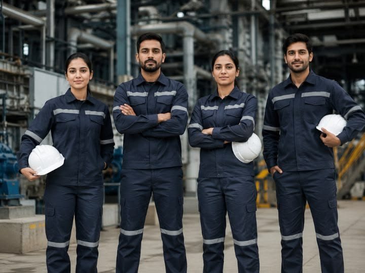 Equipo con uniformes industriales en planta
